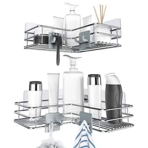 2-Pack Silver Adhesive Stainless Steel Corner Shower Caddy Shelf Basket Rack with Hooks