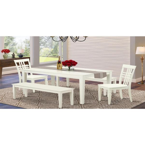 East West Furniture 5-Piece Rectangle Linen White Finish Solid Wood Top Dining Table with 2 Benches, 2 Chairs with Lattice Back
