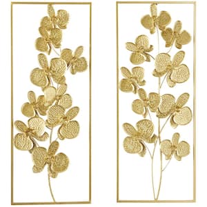 Litton Lane Metal Gold Floral Wall Decor with Gold Frame (Set of 2)