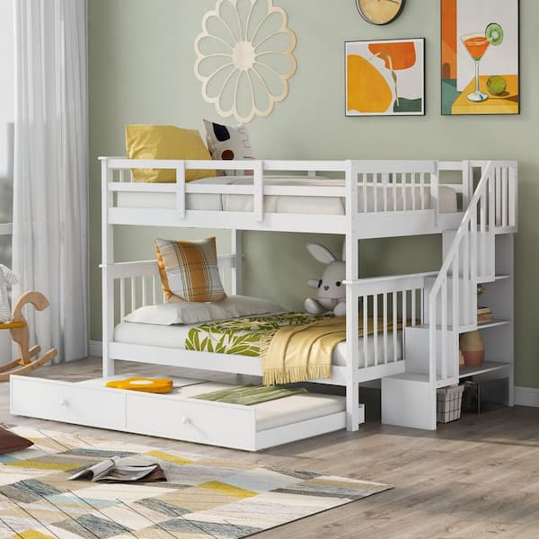 White Full-Over-Full Bunk Bed with Twin Size Trundle, Storage and Guard Rail for Bedroom