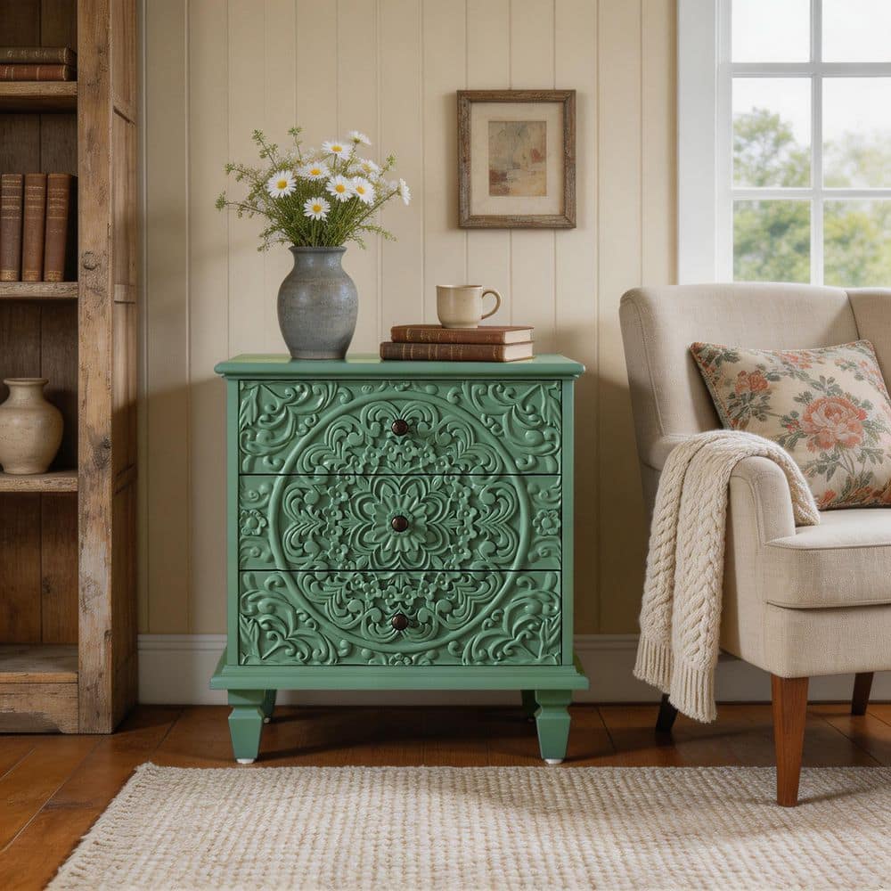 Green Vintage Scrollwork Embossed 3-Drawer Nightstand for Bedroom, Farmhouse End Side Table for Living Room