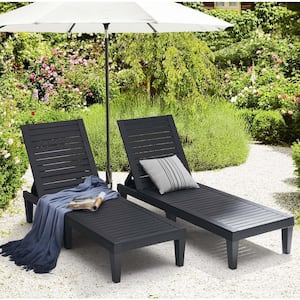 Black 2-Piece Plastic Patio Outdoor Chaise Lounge Recliner Adjustable Chair (Set of 2)