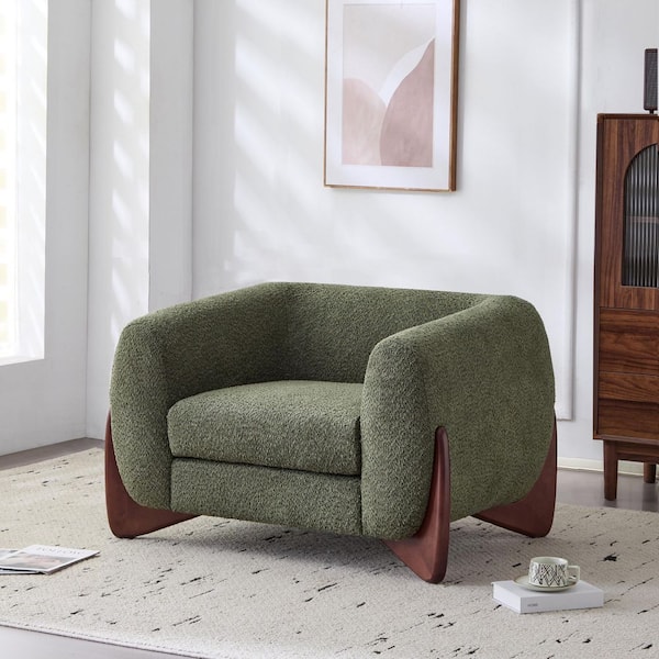 Irlas Modern Upholstered Boucle Club Chair, Birch Wood, Olive-green