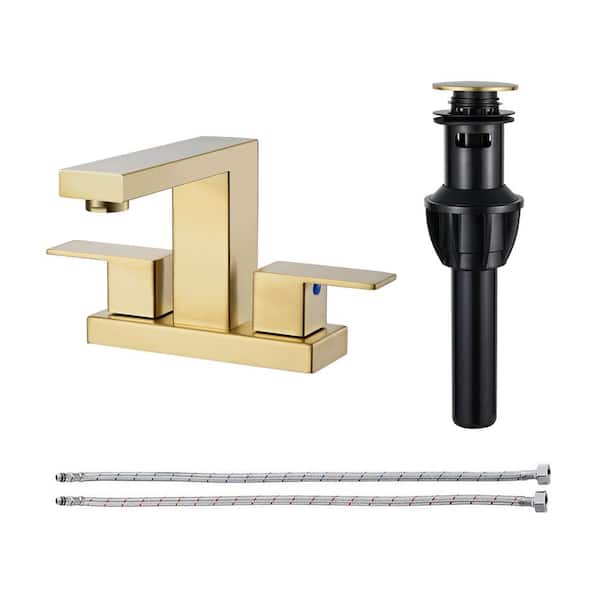 304 stainless steel 4 in. Centerset Double Handle Bathroom Faucet with Drain Kit Included in Gold
