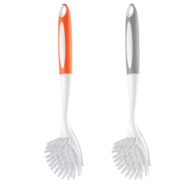 Dish Brush, Kitchen Scrub Brushes with PP Handle, Dishwashing Brush, 2-Gray Plus 2-Orange (4-Pack)