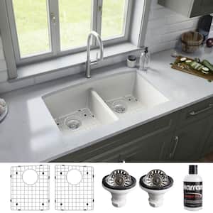 QU-710 Quartz/Granite 32 in. Double Bowl 50/50 Undermount Kitchen Sink in White with Bottom Grid and Strainer