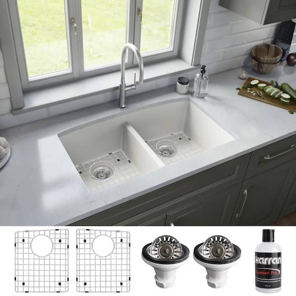 Karran QU-810 32 Undermount Double Equal Bowl Quartz Kitchen Sink in Concrete