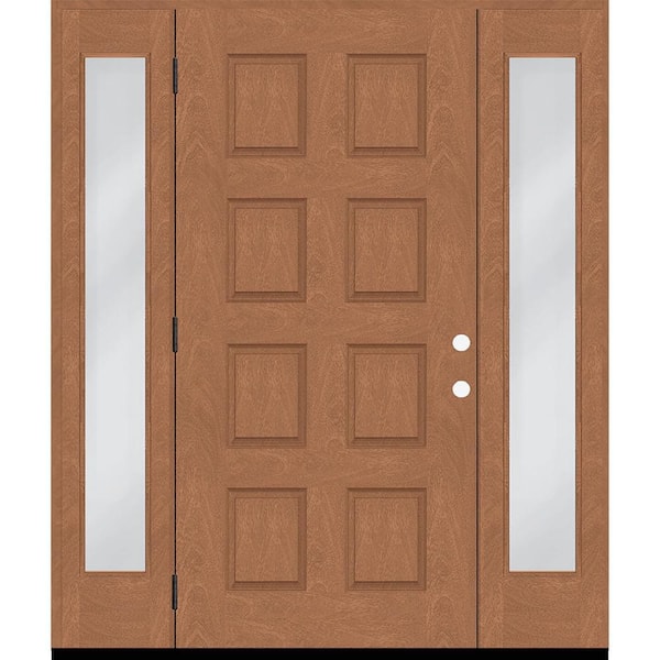 Steves & Sons Regency 70 in. x 96 in. 8-Panel RHOS AutumnWheat Stain Mahogany Fiberglass Prehung Front Door with Dbl 12in. Sidelites