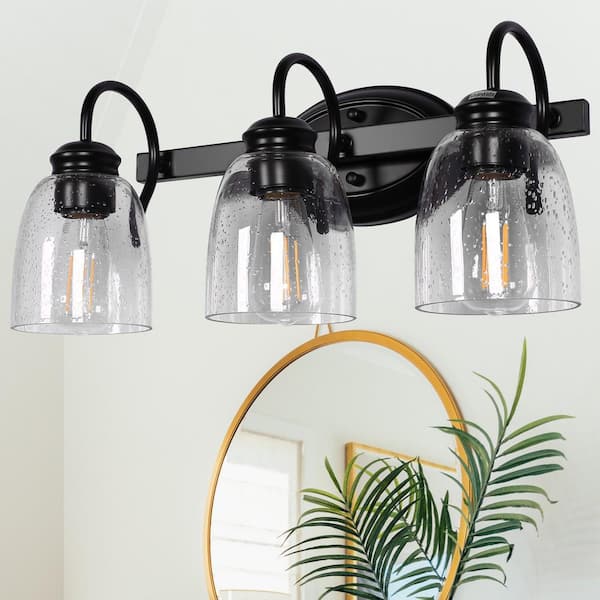 18.89 in. 3-Light Matte Black Modern Bathroom Vanity Light Mirror Wall Light with Black Accents and Seeded Glass Shade