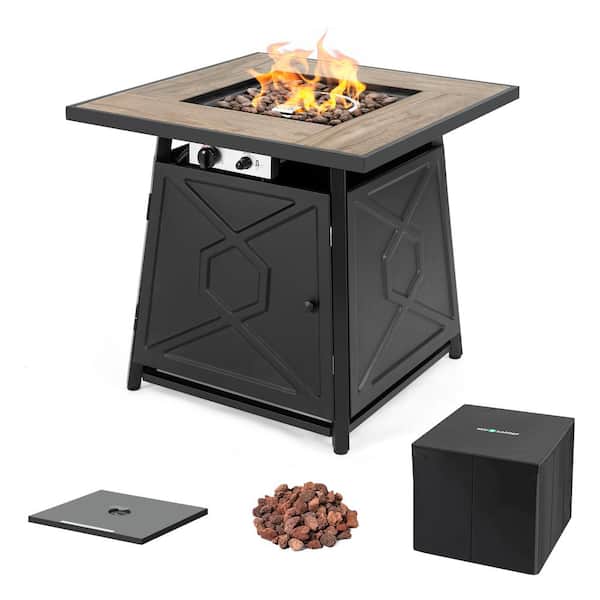 Nuu Garden 28 in. Square Metal Outdoor Propane Fire Pit Table with PVC Cover and Lava Rocks, 50,000 BTU, Black