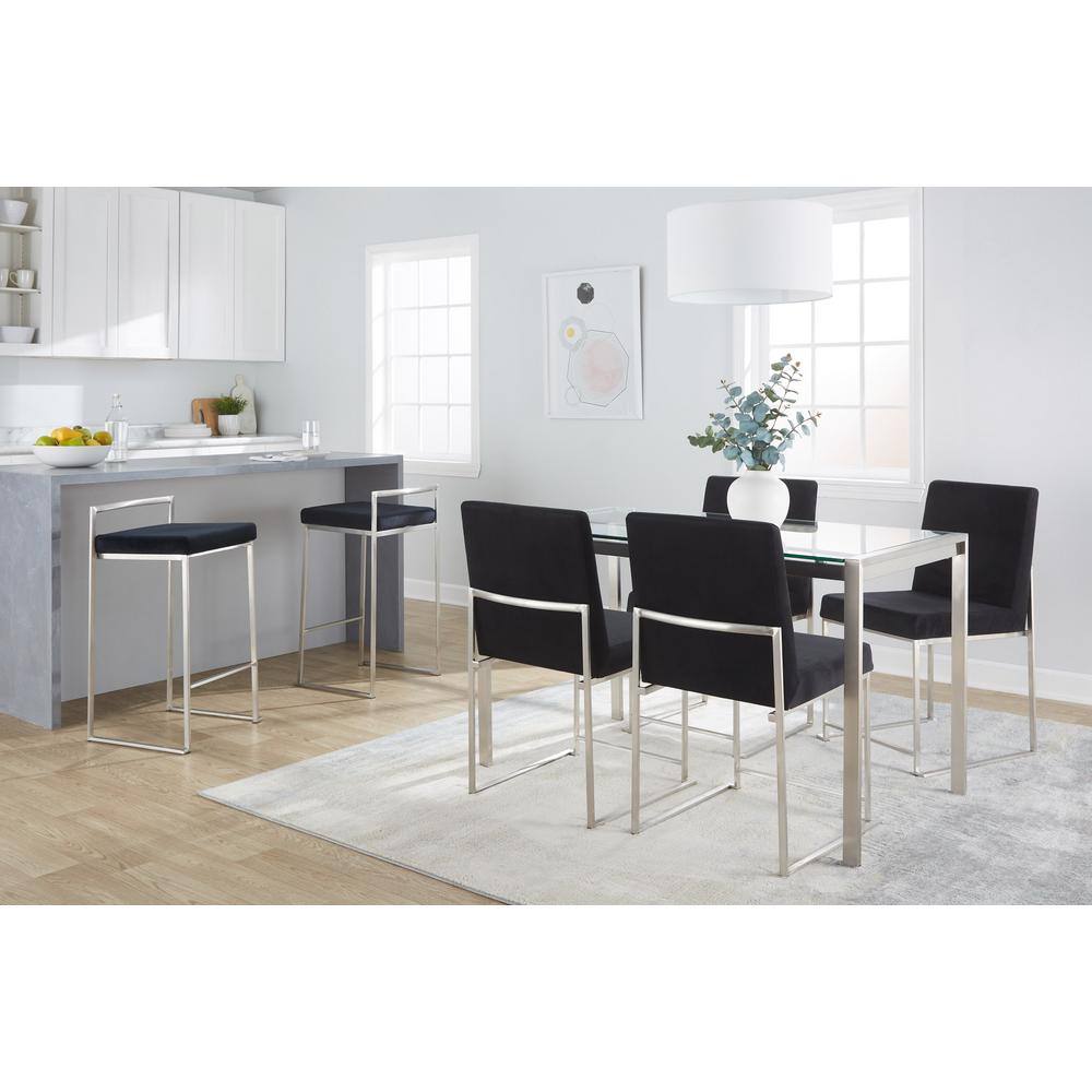 Fuji Brushed Stainless Steel Stackable Counter Stools with Black Velvet Cushion, Set of 2
