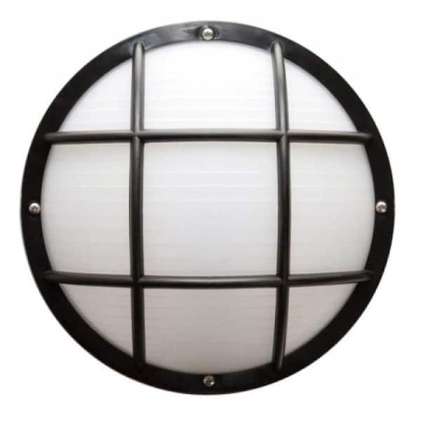 Nautical Round Black Outdoor Hardwired Bulkhead Sconce with 3000K LED Bulb and Grid-Style Diffuser Cage