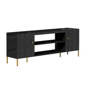 70 in. W Adjustable Shelf Black TV Stand with 2-Cabinets and Fireplace