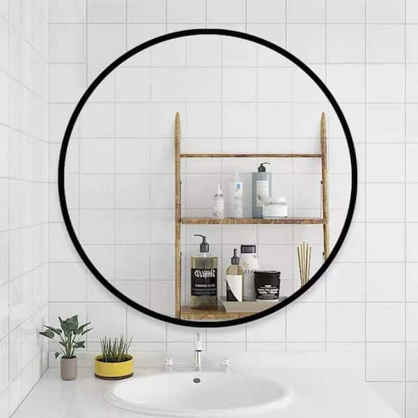 Glacier Bay 27.6 in. x 27.6 in. Classic Black Aluminum Round Framed Vanity Mirror