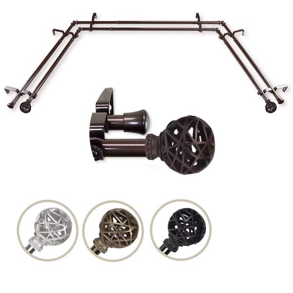 EMOH 13/16" Dia Adjustable Bay Window Double Curtain Rod 20 to 36", 38 to 72" in Cocoa with London Finials