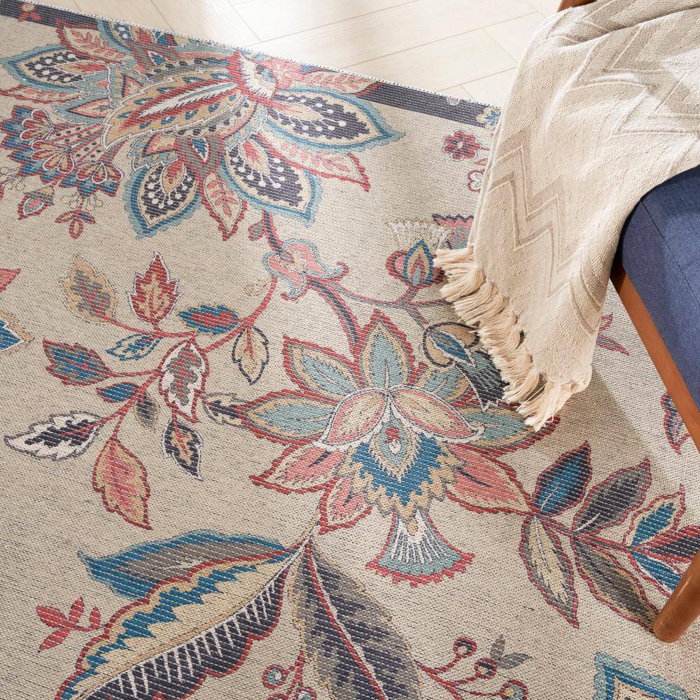Beige Floral Chenille Rectangular Washable Area Rug