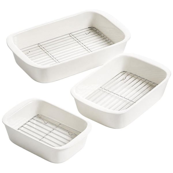 3-Piece White Deep Casserole Dishes, Ceramic Baking Dish Set with Roasting Racks, Large Lasagna Pans with Handles