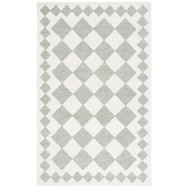 Ebony 3 ft. x 5 ft. Green/Ivory Geometric Border Diamond Area Rug