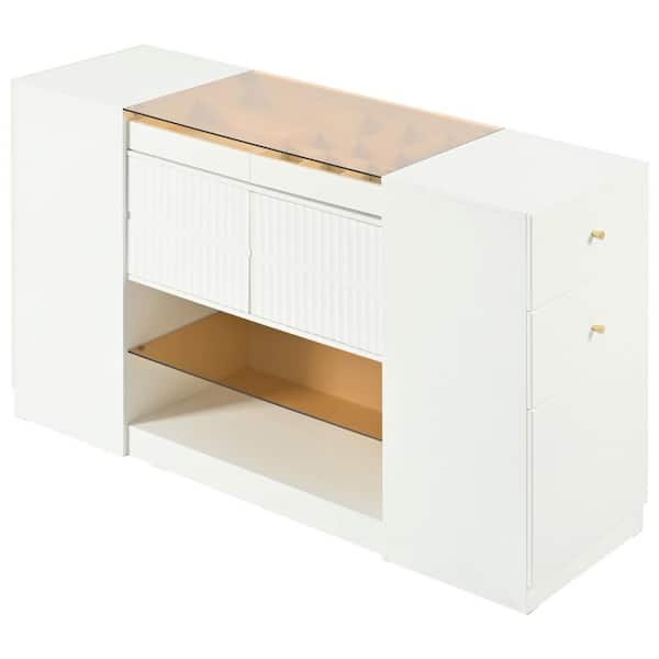 CSC DECOR INC White 6-Drawer 60.4 in. W Dresser, Multi-Functional Island Vanity Dresser and Storage Cabinet with Glass Tabletop