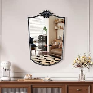 18 in. W x 24 in. H Arched Framed Floating Bathroom Vanity Mirror in Retro Black Carved Finshed