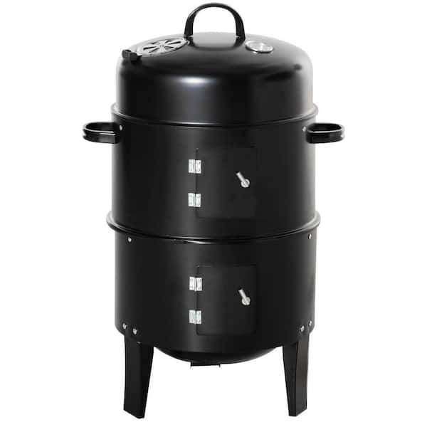 16 in. Black Metal Charcoal Smoker, 2-Tier Round BBQ Grill with Thermometer for Outdoor Camping Picnic Backyard Cooking