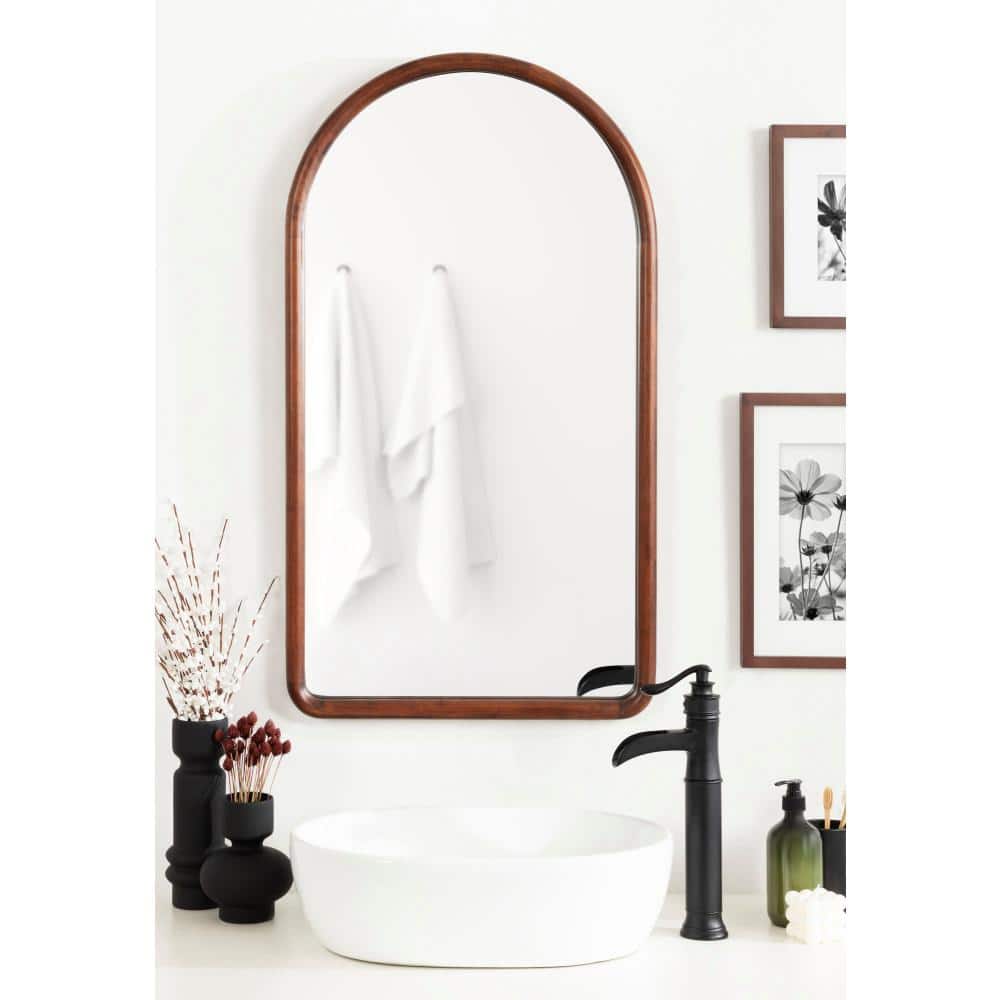 Tall Arched Walnut Wood Wall Mirror with Rounded Frame