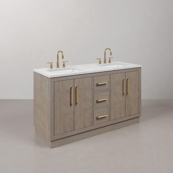 Hugo 60 in. W x 22 in. D Bath Vanity in Grey Oak with Marble Vanity Top in White with White Basin, Faucet and Mirror