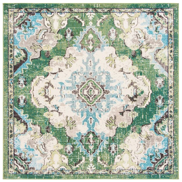 Madison Green/Light Blue 5 ft. x 5 ft. Border Floral Oriental Square Area Rug