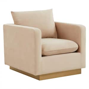 Nervo Modern Gold Frame Beige Velvet Upholstered Accent Arm Chair With Removable cushions
