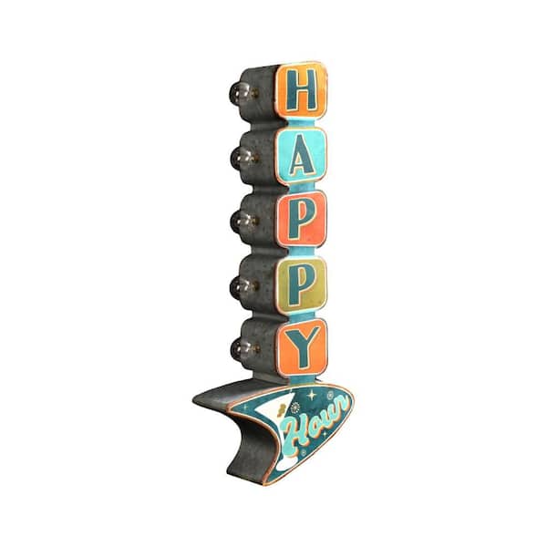 Happy Hour' LED Metal Sign-Retro Marquee Wall Decor,Orange/Teal/Red/Green,Mancave, Garage Wall Decor, 25 in. H x 9 in. L
