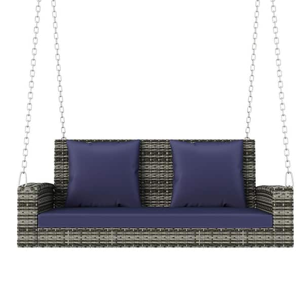 Sudzendf Outdoor 2-Person Gray PE Wicker Hanging Porch Swing with Blue Cushions