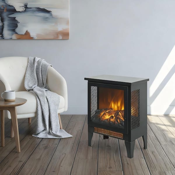 14 in. W x 18 in. H Freestanding Electric Fireplace in Antique Black Stove 3D Flame Portable Space Heater