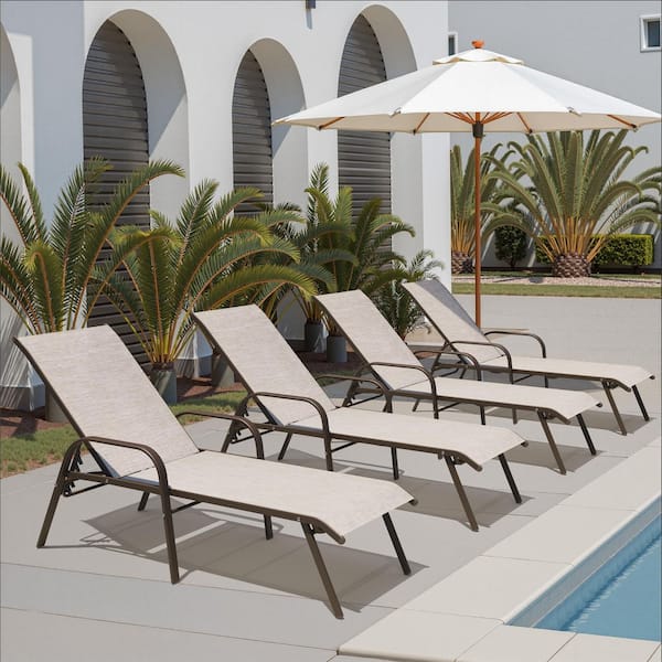 4-Piece Outdoor Chaise Lounge Metal Lounge Chair with Adjustable Backrest and Armrests in Beige