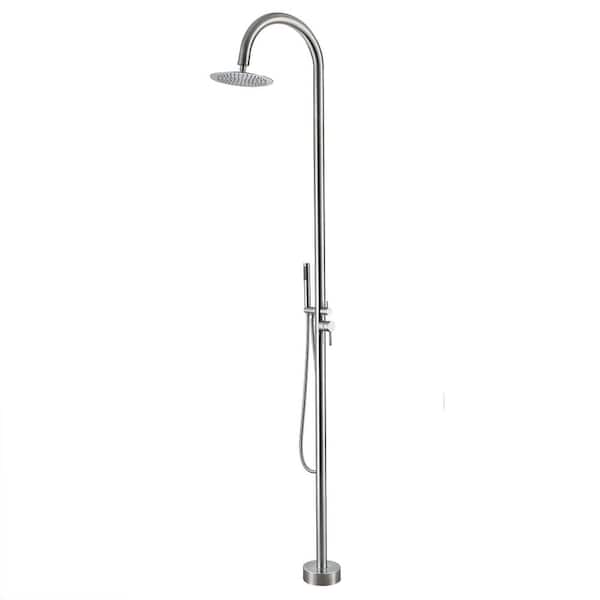 Double Handle 1-Spray Outdoor Floor Mount Freestanding Shower Faucet 1.8 GPM with Ceramic Disc Valves in Brushed Nickel