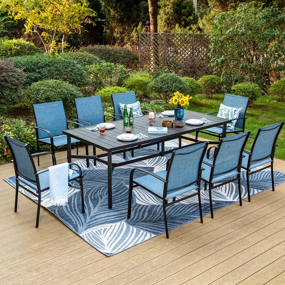 Black 9-Piece Metal Slat Rectangle Table Outdoor Patio Dining Set with Blue Textilene Chairs price history on PriceWatchPro