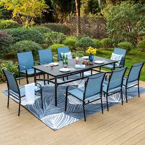 Black 9-Piece Metal Slat Rectangle Table Outdoor Patio Dining Set with Blue Textilene Chairs