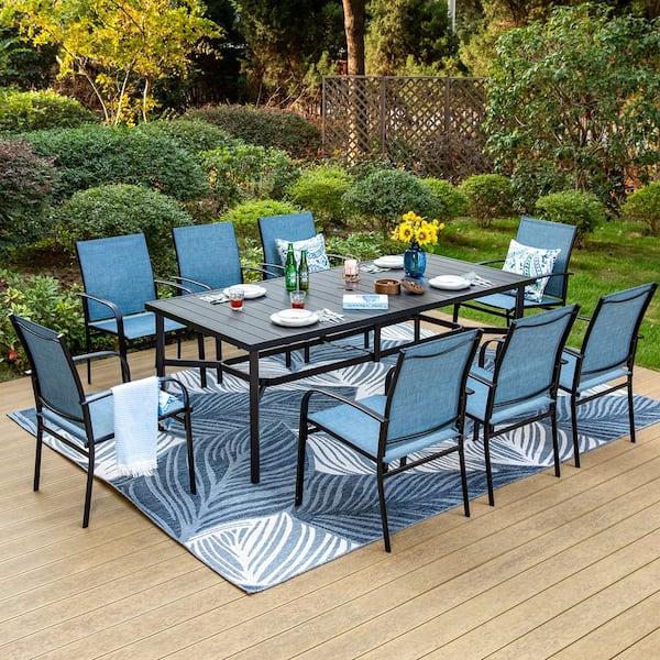 PHI VILLA Black 9-Piece Metal Slat Rectangle Table Outdoor Patio Dining Set with Blue Textilene Chairs