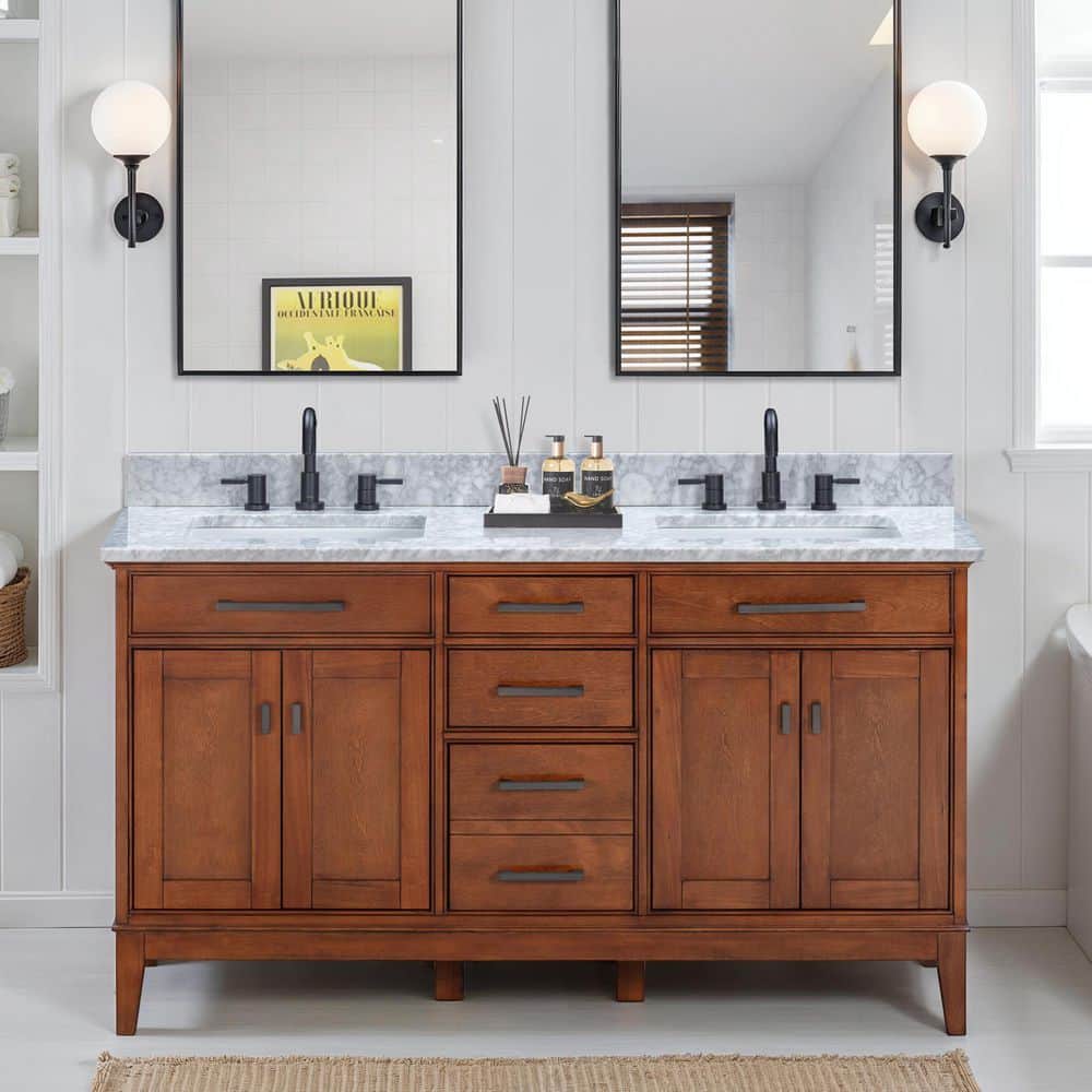 Madison 61 in. Double Sink Tobacco Bath Vanity with Carrara White Marble Top price history on PriceWatchPro