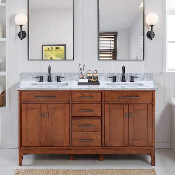 Madison 61 in. Double Sink Tobacco Bath Vanity with Carrara White Marble Top