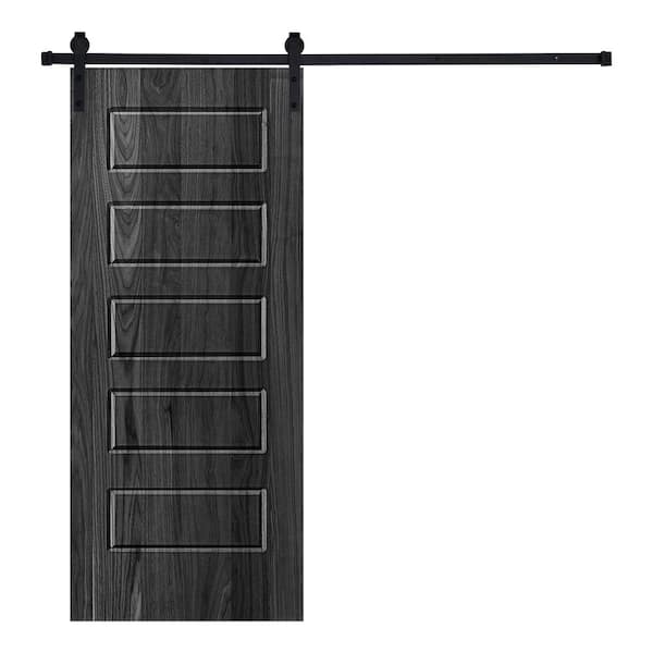 AIOPOP HOME 5-Panel Riverside Designed 80 in. x 32 in. Wood Panel Ebony Painted Sliding Barn Door with Hardware Kit
