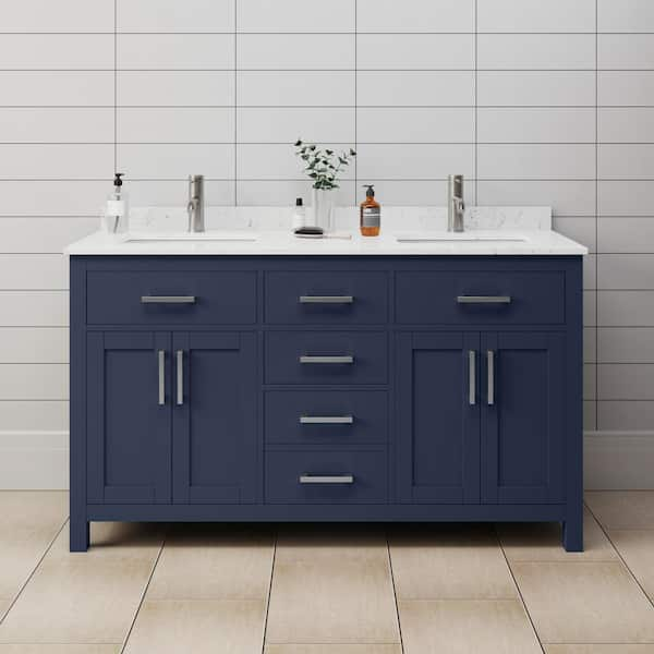 Beckett 60 in. W x 22 in. D x 35 in. H Double Sink Bathroom Vanity in Dark Blue with Carrara Cultured Marble Top