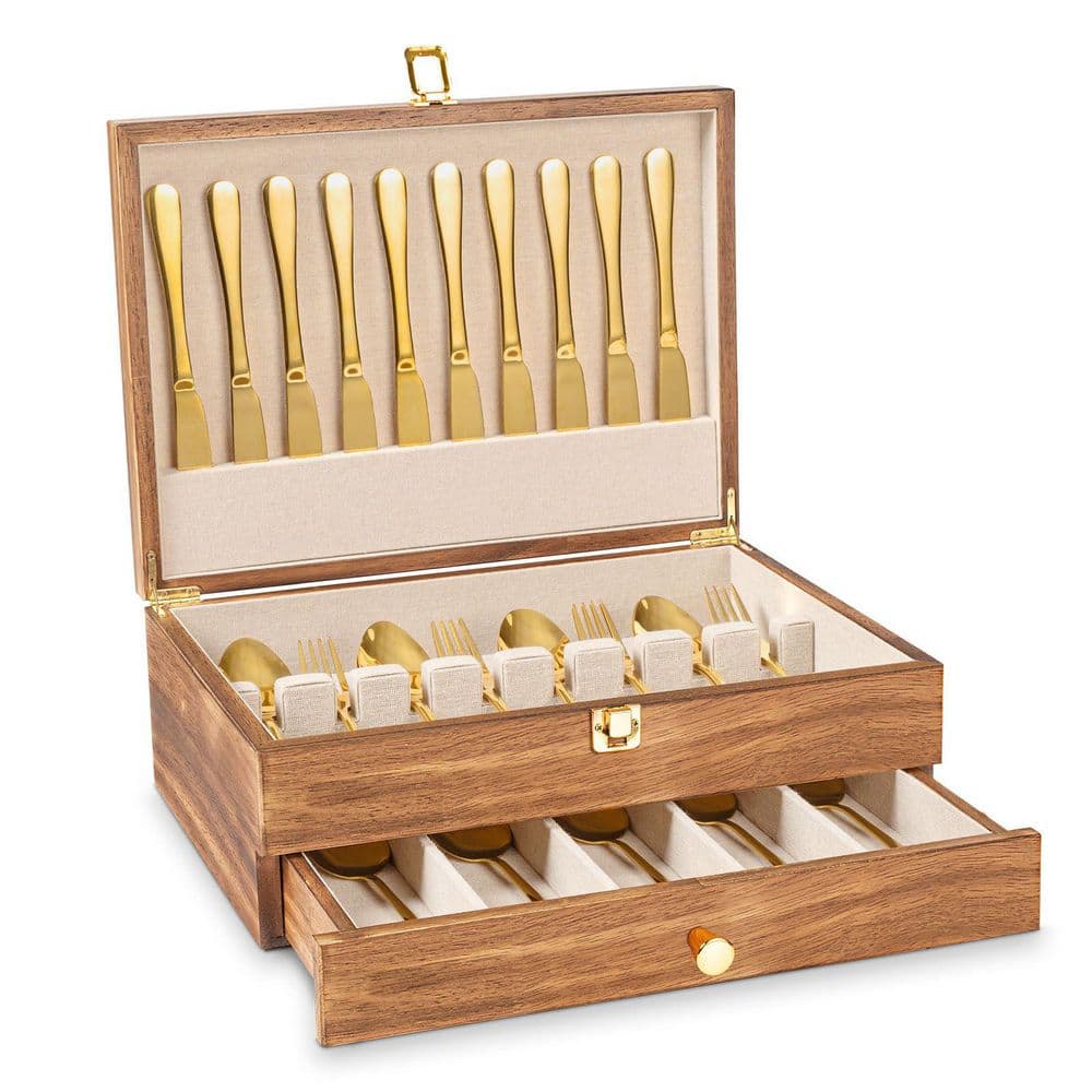 2-Layer Wooden Flatware Storage Case with Drawer and Rustic for Storing Fine Flatware and Utensils, Brown (1-Pack)