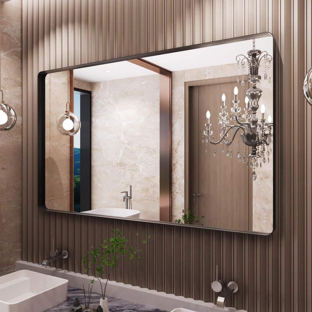 60 in. W x 36 in. H Rounded Rectangle Framed Wall Bathroom Vanity Mirror in Matte Black price history on PriceWatchPro