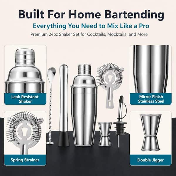 Wudkey 6-Piece Stainless Steel Cocktail Shaker Set, 24 oz. Bar Tools Kit with Strainer, Muddler, Jigger, Spoon and Pour Spout
