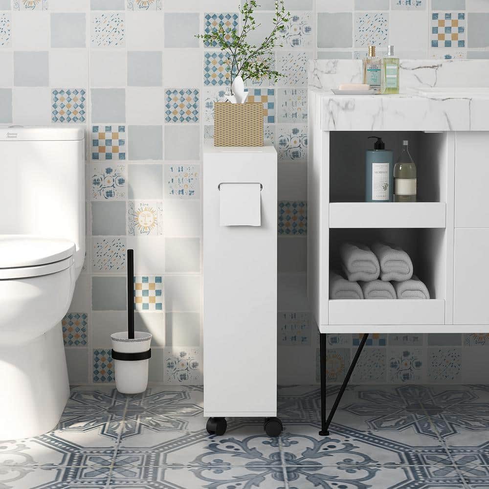 White Slim Bathroom Cabinet with Adjustable Shelving and Wheels