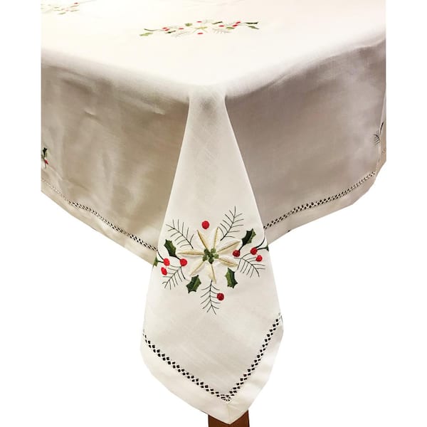 Lintex Holly Bouquet 60 in. x 104 in. Ivory 100% Polyester Tablecloth