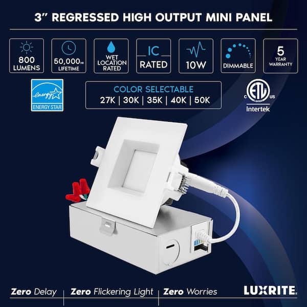 3 in. Square Canless with J-Box 10W 5CCT Selectable 800LM Remodel IC Rated Integrated LED Recessed Light Kit (6-Pack)