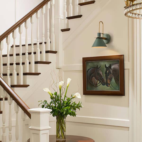NIMBUS 1-Light 7.08 in. W Brass Industrial Farmhouse Wall Sconce Cone Down Lighting with Green Barn Shade for Bedroom