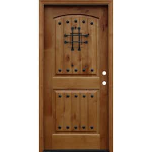 36 in. x 80 in. Rustic Arched 2-Panel V-Groove Stained Knotty Alder Wood Prehung Front Door
