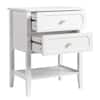 White two-drawer nightstand with both drawers pulled open.